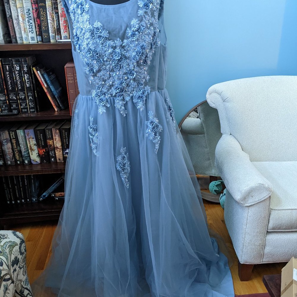 size 14/16 blue lace Appliques Tulle A-Line lace up Prom Dress w/train